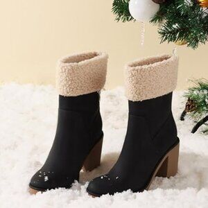 NEW! Winter Boots for Women, Comfortable Side Zipper Mid Chunky Heel Suede-Black